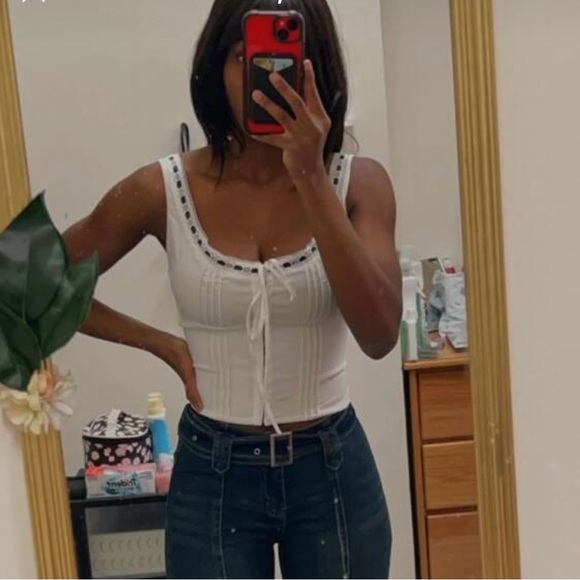 White Lace Trimmed Women's Top - Picture 2 of 3